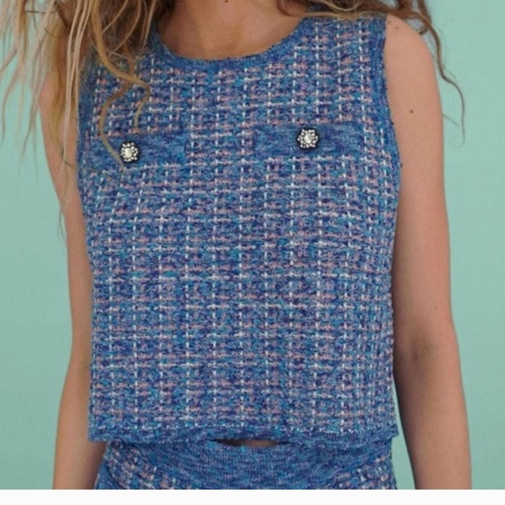 Zara Blue Metallic Thread Knit Top
